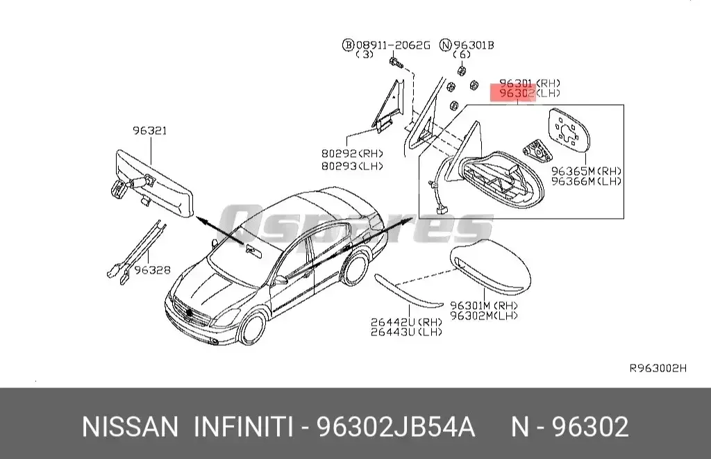 قطع غيار السيارات - نيسان  ألتيما  - قطع بدل السيارة الخارجية و المرايا  -رقم القطعة: 96302JB54A