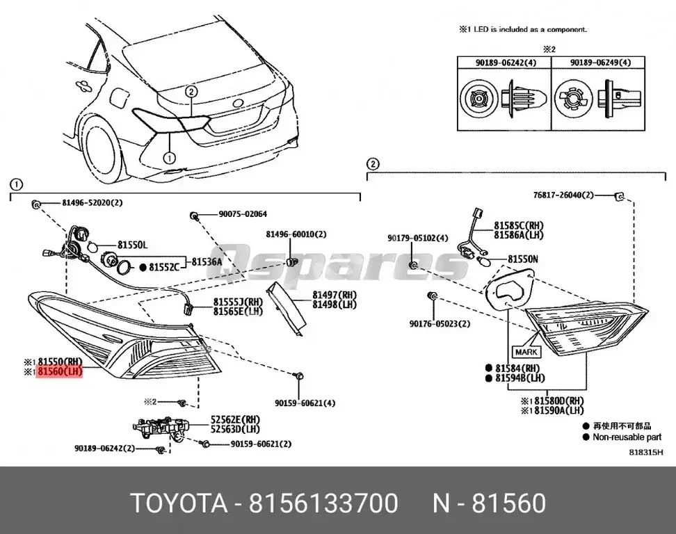 Car Parts - Toyota  Camry  - Lightning & Fuses  -Part Number: 8156133700