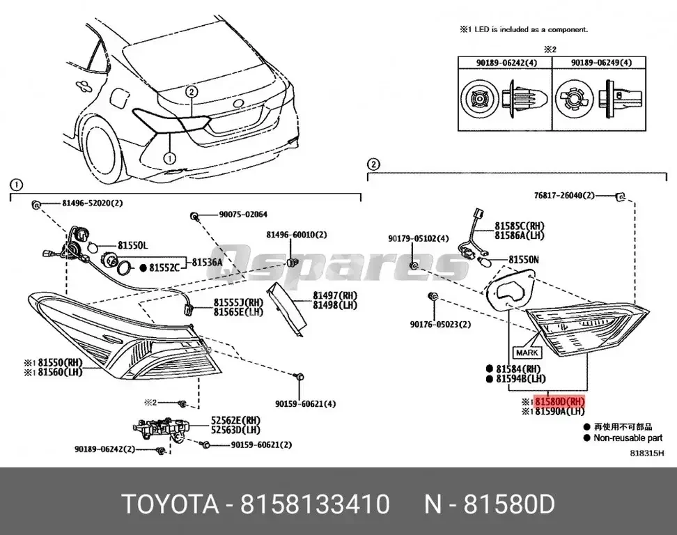 Car Parts - Toyota  Camry  - Lightning & Fuses  -Part Number: 8158133410