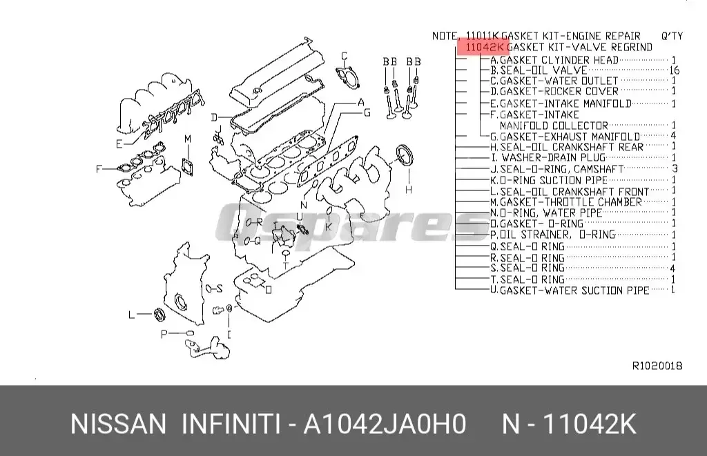 Car Parts - Nissan  Altima  - Gaskets  -Part Number: A1042JA0H0