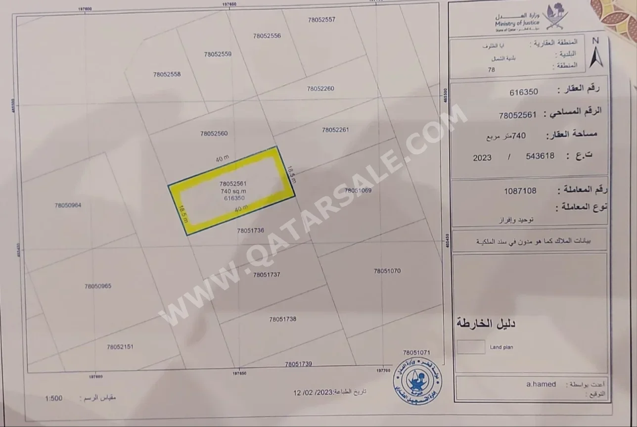 اراضي للبيع في الشمال  - أبو ظلوف  -المساحة 740 متر مربع