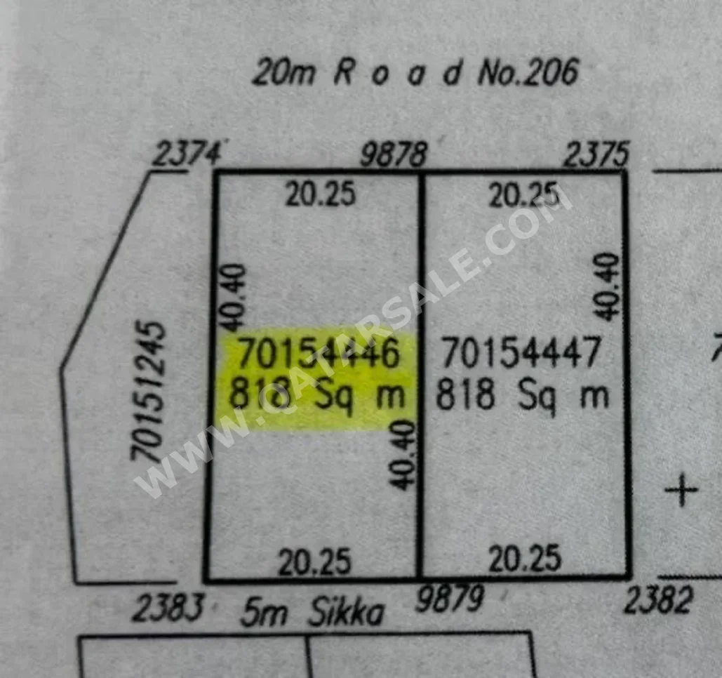 Lands For Sale in Al Daayen  - Umm Qarn  -Area Size 818 Square Meter