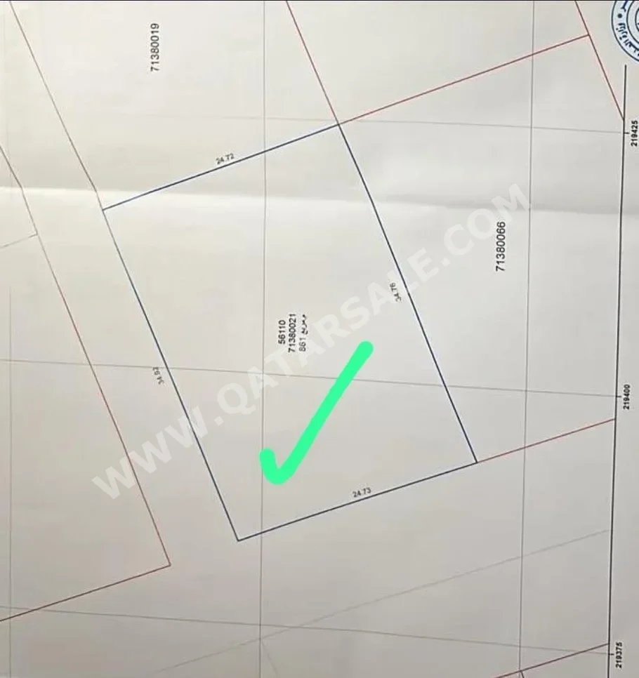 Lands For Sale in Umm Salal  -Area Size 861 Square Meter