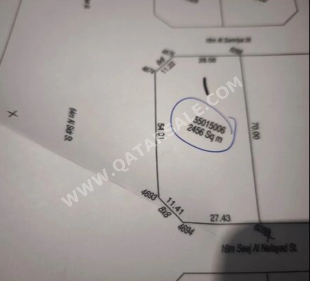 Lands For Sale in Al Rayyan  - Al Waab  -Area Size 2,456 Square Meter