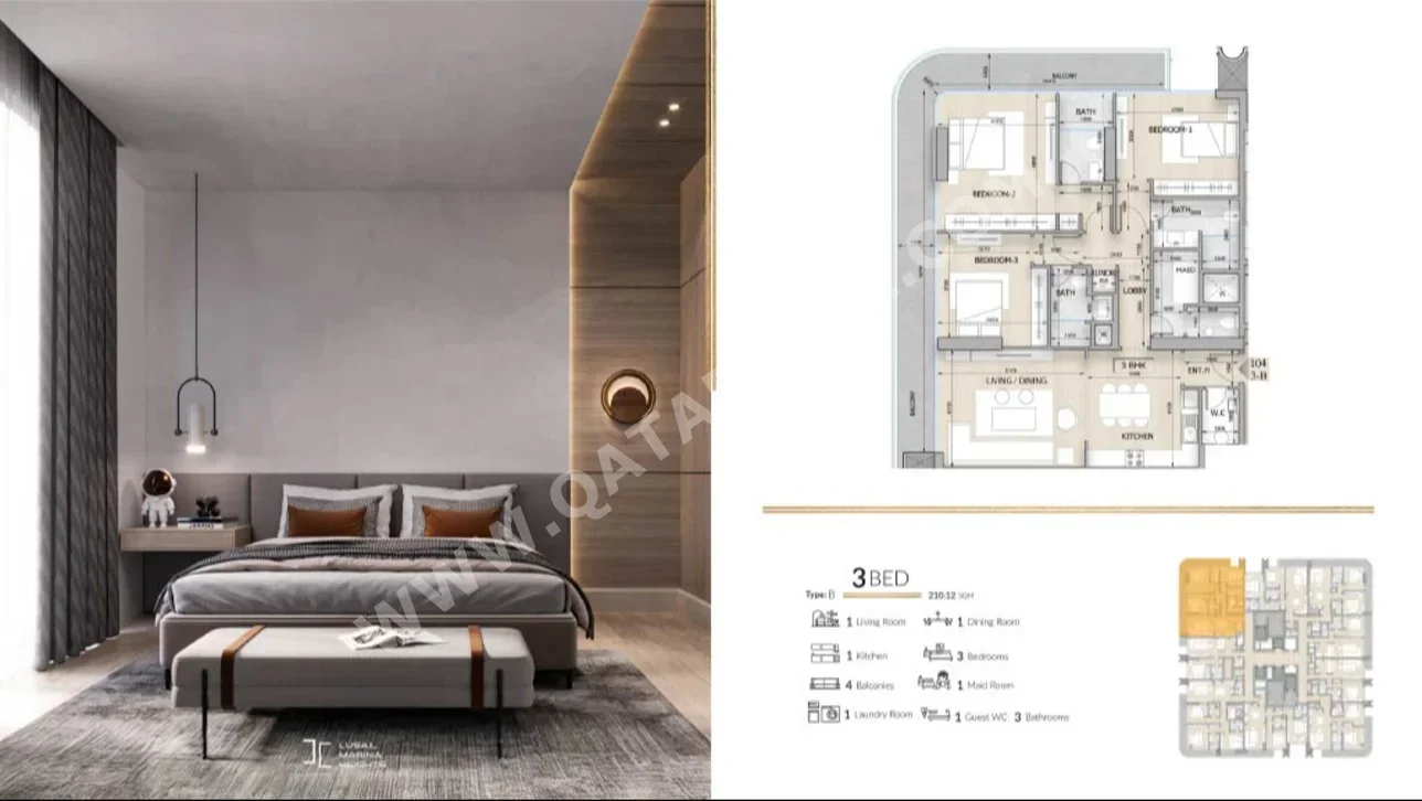 3 Bedrooms  Apartment  For Sale  in Lusail -  Marina District  Fully Furnished