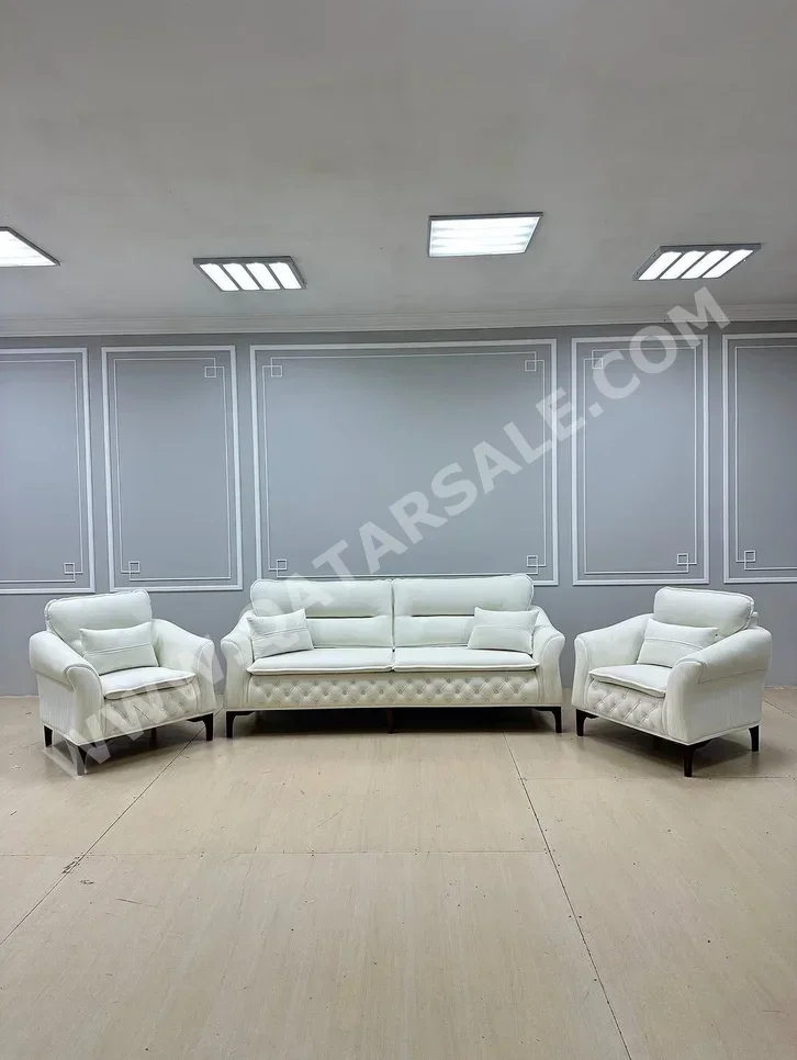 الأرائك والكنب والكراسي كنبة بمقعدين وكرسي بذراعين  - مزيج القطن \ القطن  - أبيض  - سرير أريكة