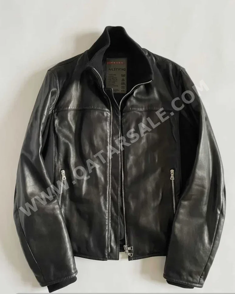 Men Clothes Qatar Prada / Jackets Black Geniune Leather Autumn/Winter / Size: XL
