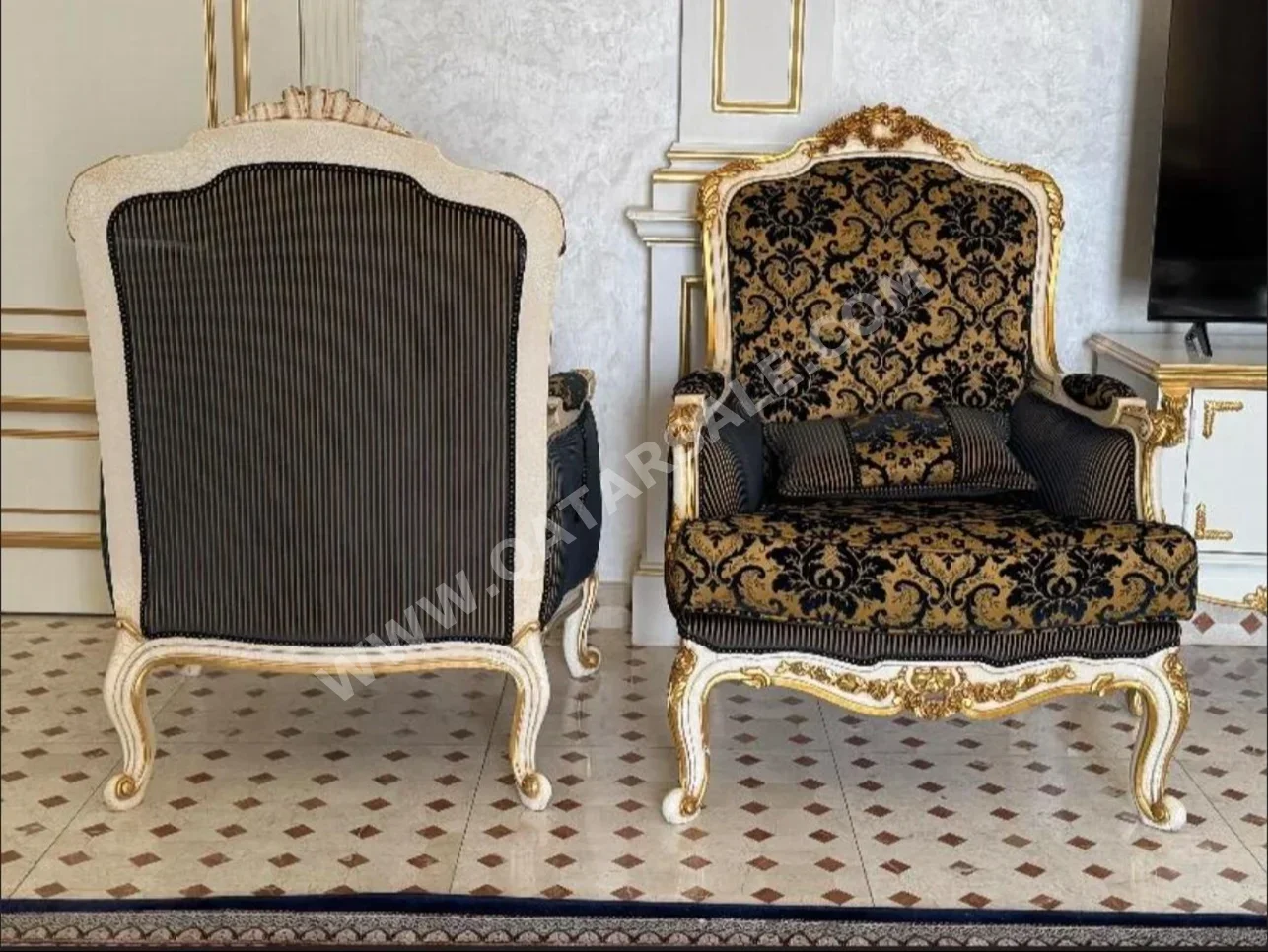 Sofas, Couches & Chairs Arm chair set  - Cotton / Cotton Blend  - Sepia & Gold  - With Table  and Side Tables