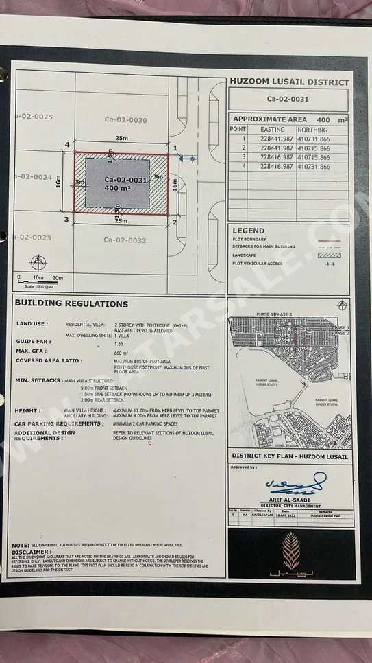 اراضي للبيع في لوسيل  -المساحة 400 متر مربع