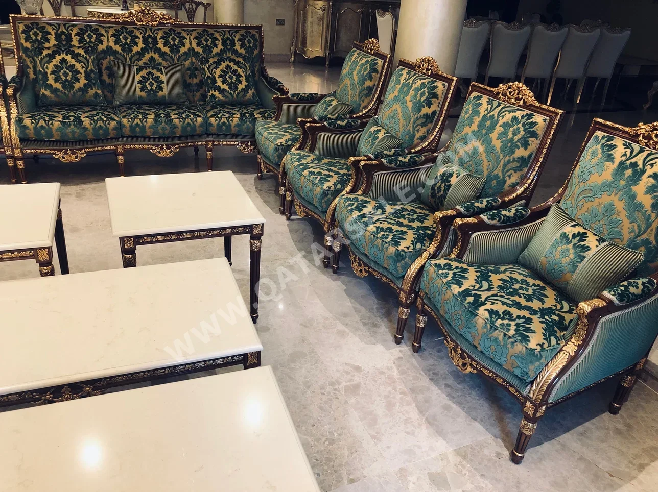 Sofas, Couches & Chairs Sofa Set - Velvet - Green - With Table and Side Tables