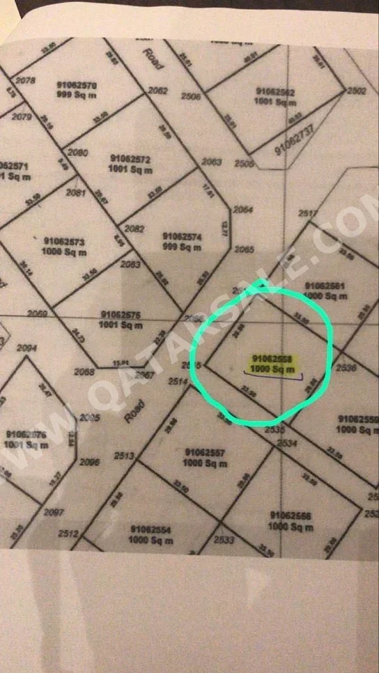 اراضي للبيع  في الوكرة  - الوكير  -المساحة 1,000 متر مربع