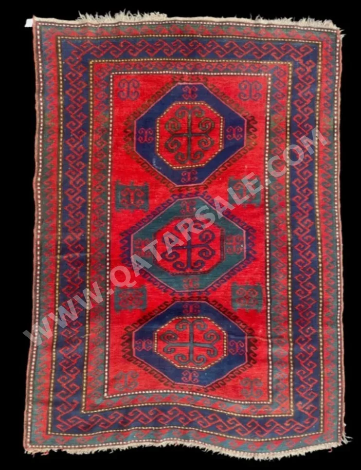 السجاد صوف أحمر صناعة يدوية مستطيل هندسي