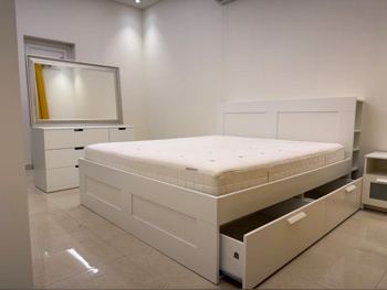 Bedroom Sets - IKEA  - King Bed, Mattress, Bench with 2 Bedside Tables and Table Lamps  - White