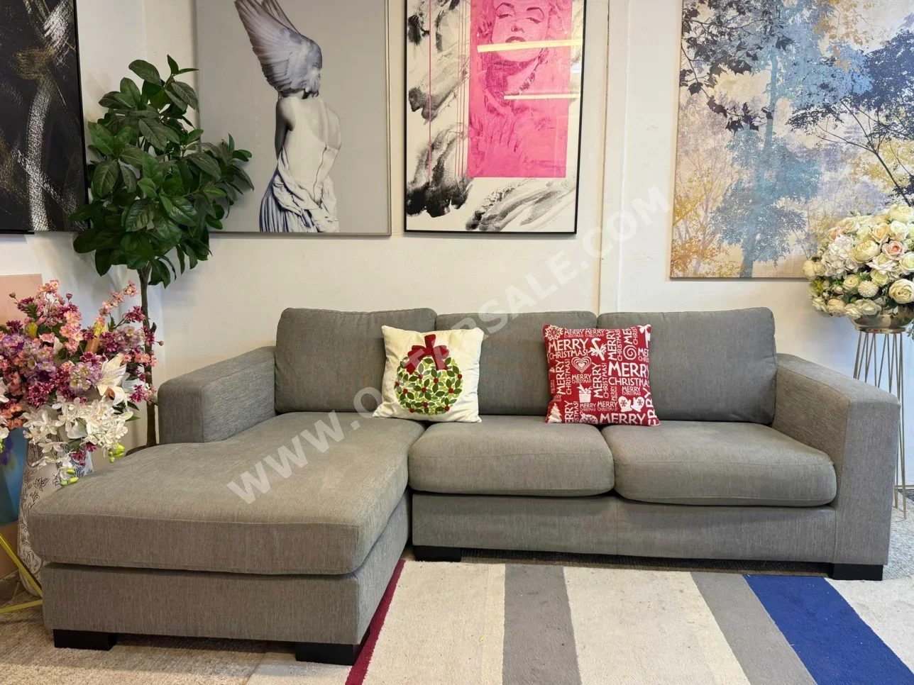 الأرائك والكنب والكراسي هوم سينتر  شكل L  - قماش  - اللون الرمادي