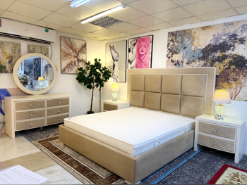 Bedroom Sets - Home Center  - King Bed, Mattress, Bench with 2 Bedside Tables and Table Lamps